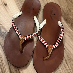 American Eagle Brown Leather Flip Flops with Red, White & Navy Braided Straps